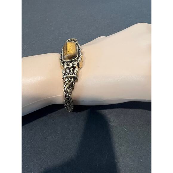 Tiger Eye Rectangular Stone Double Chain Gold Tone  Magnetic Closure Bracelet - Picture 2 of 6